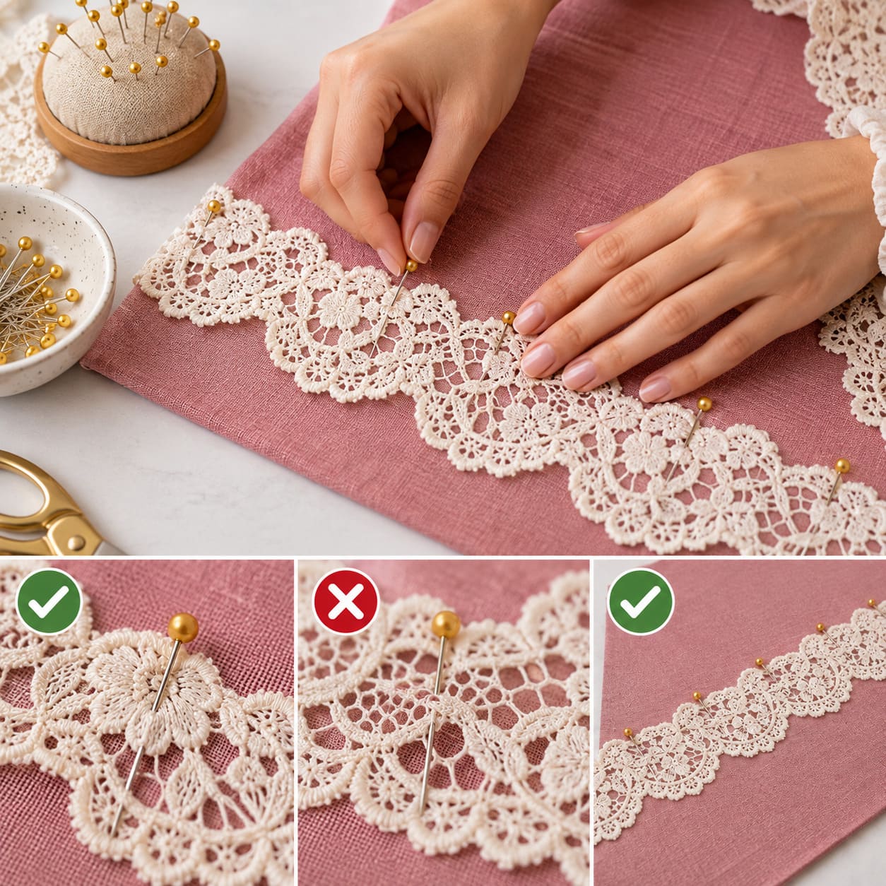 Floral lace trim being sewn onto fabric with a close-up of the stitching technique